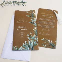 Hochzeitseinladung Ziehkarte in Kraftpapier-Optik mit Olivenzweigen & Quaste