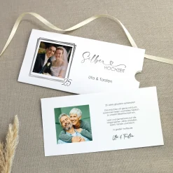 Hochzeitseinladung - Ziehkarte mit zwei Fotos zur Silberhochzeit mit Wunschdaten