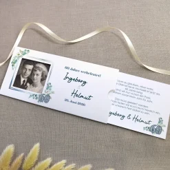 Hochzeitseinladung - Ziehkarte mit zwei Fotos zur Diamantenen Hochzeit mit Wunschdaten
