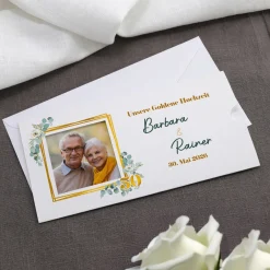 Hochzeitseinladung - Ziehkarte mit zwei Fotos zur Goldhochzeit mit Wunschdaten