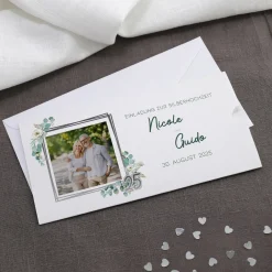 Hochzeitseinladung - Ziehkarte mit zwei Fotos zur Silberhochzeit mit Wunschdaten und Blatt-Blütenmotiv