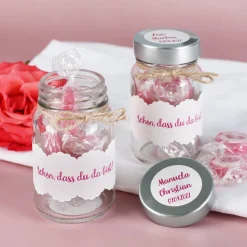 Hochzeits Gastgeschenk - Schön, dass du da bist - Gläschen mit Herz-Bonbons