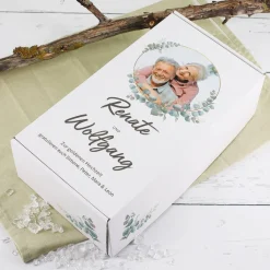 Hochzeits-Geschenkbox mit Eukalyptusmotiv, Foto, Name & Wunschtext