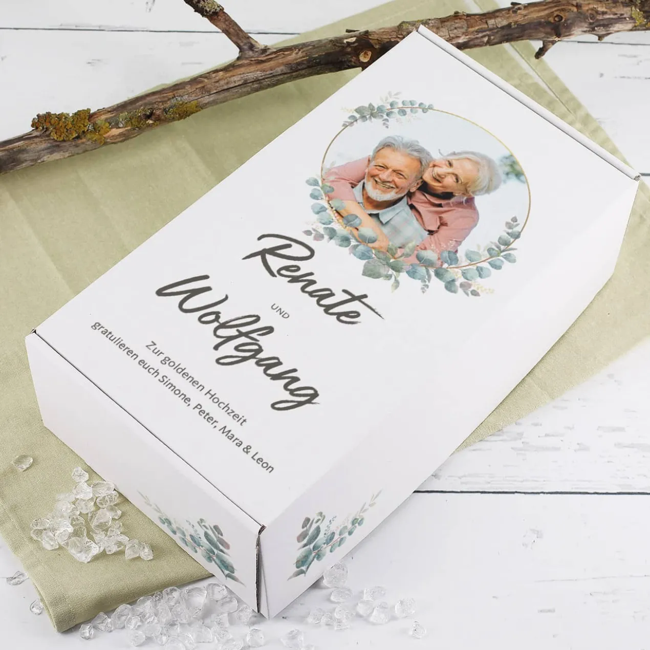 Hochzeits-Geschenkbox mit Eukalyptusmotiv, Foto, Name & Wunschtext