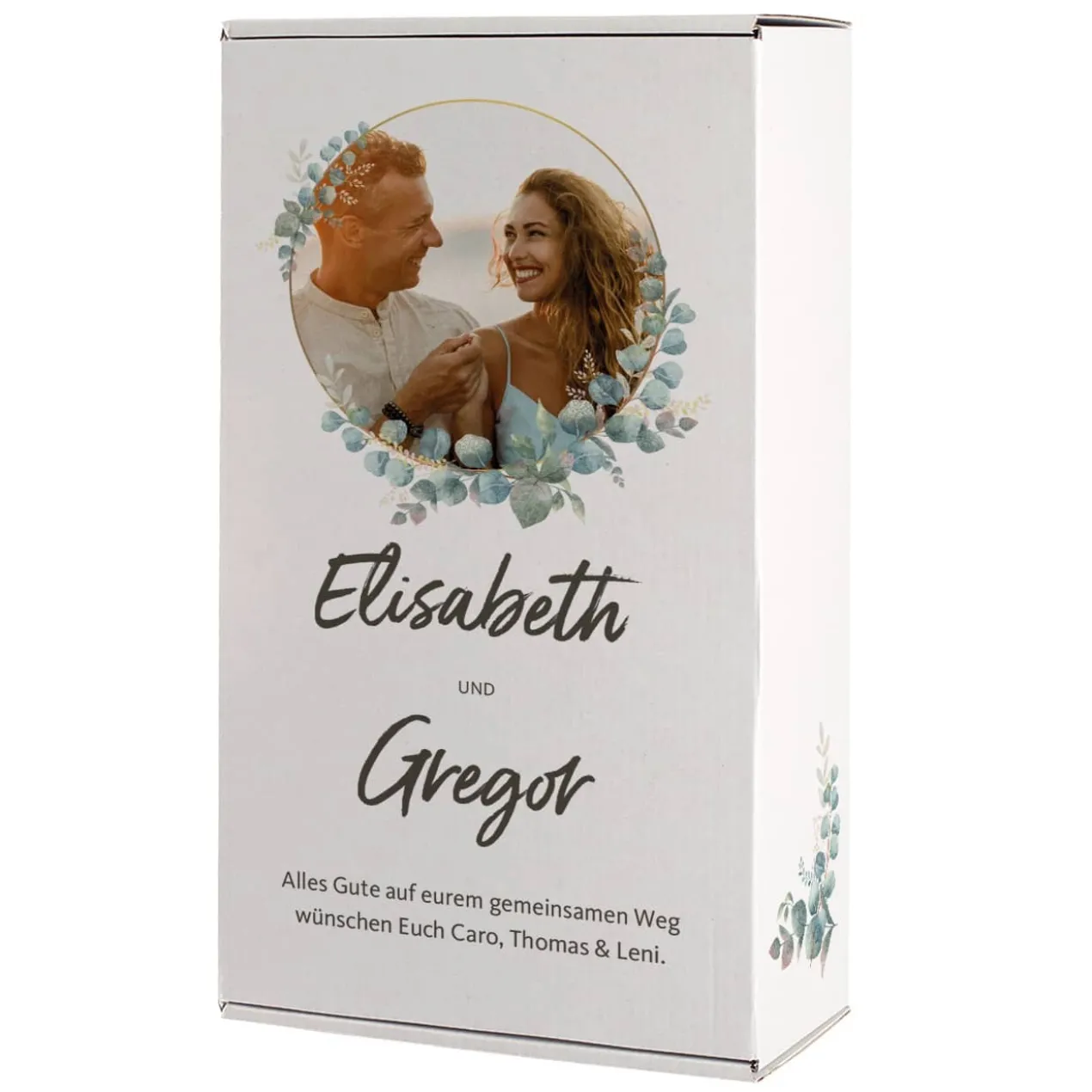 Hochzeits-Geschenkbox mit Eukalyptusmotiv, Foto, Name & Wunschtext