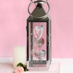 Hochzeitsgeschenk gravierte Laterne mit Herz, Namen und Datum, 40 cm hoch