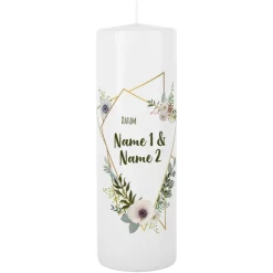 Hochzeitskerze mit Blüten und Wunschtext
