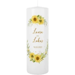 Hochzeitskerze mit Sonnenblumen, Namen und Datum bedruckt