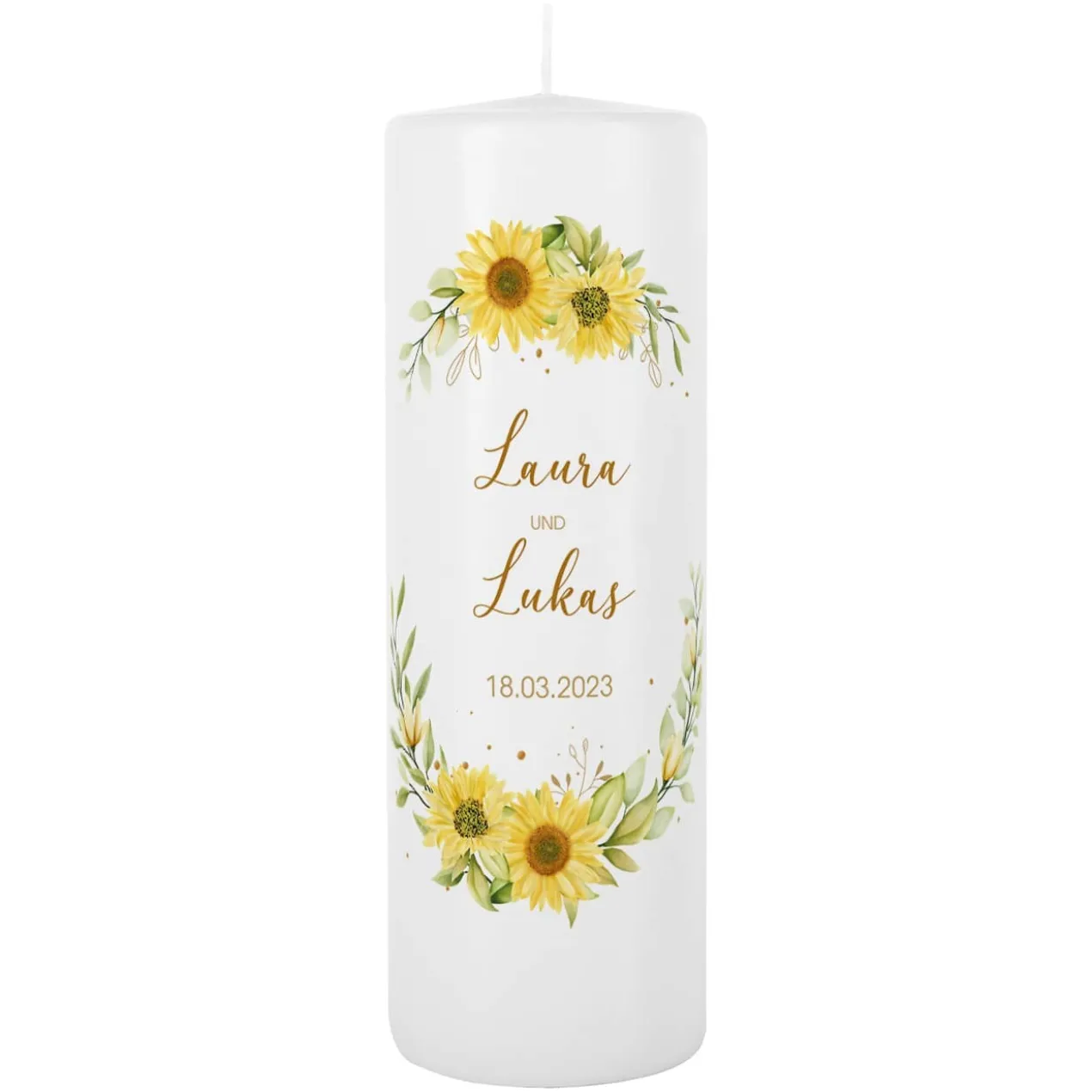 Hochzeitskerze mit Sonnenblumen, Namen und Datum bedruckt