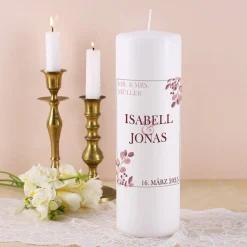 Hochzeitskerze - rosa Blätterranken - Personalisierung