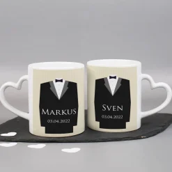 Hochzeitstassen für Bräutigam und Bräutigam mit Namen und Datum