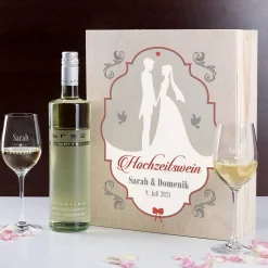 Hochzeitswein mit 2 gravierten Gläsern in edler Holzbox