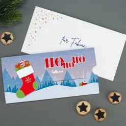 Ho Ho Ho - Ziehkarte mit Socke - für Ihr Geldgeschenk zu Nikolaus & Weihnachten