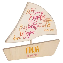 Holzboot - Er hat seinen Engeln befohlen - mit Name und Datum in rosa-orange