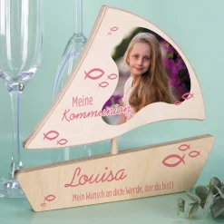 Holzboot mit Ihrem Foto und Wunschangaben für kirchliche Anlässe