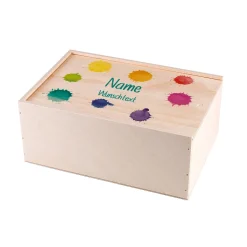 Holzbox mit bunten Farbklecksen bedruckt zur Einschulung
