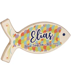Holzfisch mit bunten Schuppen und persönlichen Text zur Taufe oder Geburt