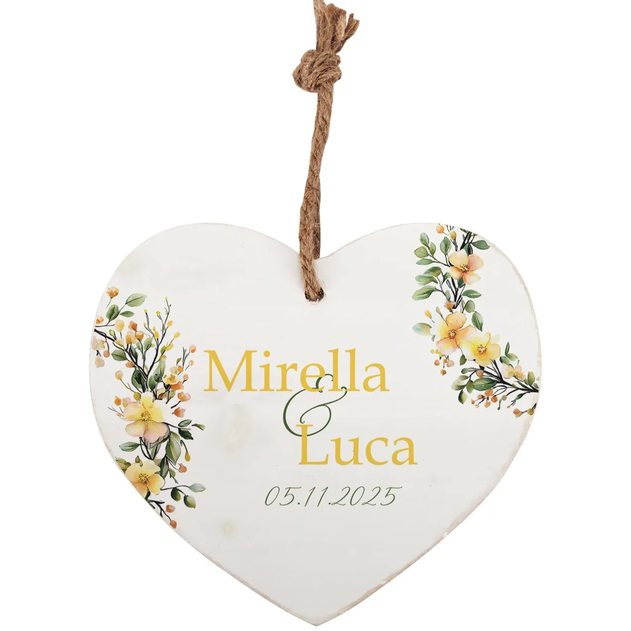 Holzherz mit Wunschnamen und Datum – Romantisches Geschenk mit Blumen-Motiv