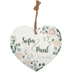 Holzherz mit Wunschnamen und Datum – Romantisches Geschenk mit Rosen-Motiv