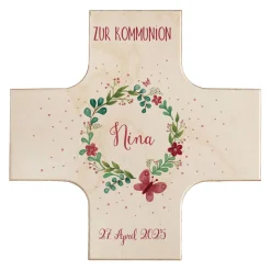Holzkreuz mit Blütenkranz zur Taufe, Kommunion oder Konfirmation