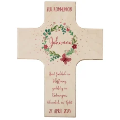 Holzkreuz mit Blütenkranz zur Taufe, Kommunion oder Konfirmation