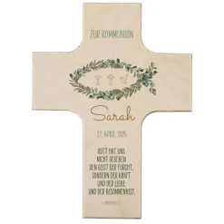 Holzkreuz mit Eukalyptus Fisch - zur Taufe, Kommunion oder Konfirmation