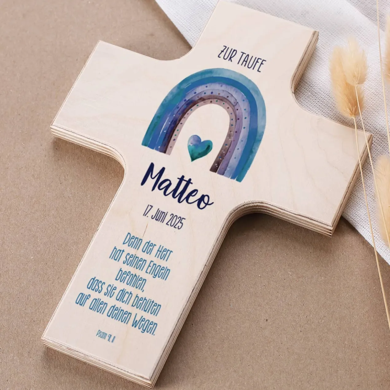 Holzkreuz - mit Regenbogen in 4 Farben wählbar - zur Taufe, Kommunion oder Konfirmation