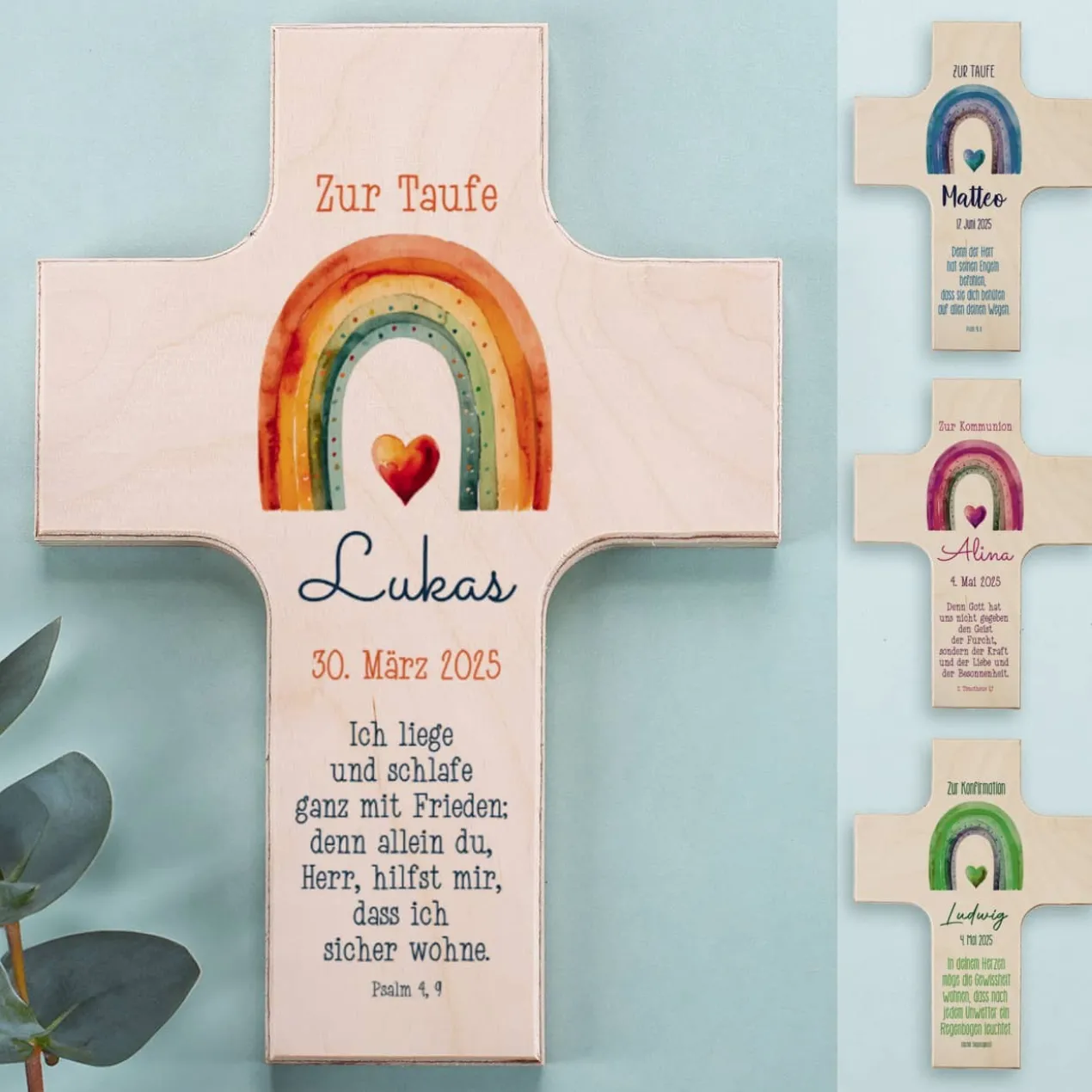 Holzkreuz - mit Regenbogen in 4 Farben wählbar - zur Taufe, Kommunion oder Konfirmation