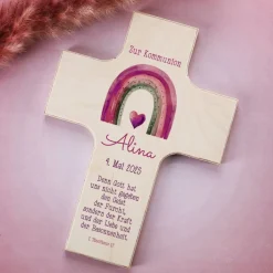 Holzkreuz - mit Regenbogen in 4 Farben wählbar - zur Taufe, Kommunion oder Konfirmation
