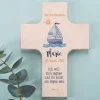 Holzkreuz mit Segelboot und Fischen - zur Taufe, Kommunion oder Konfirmation