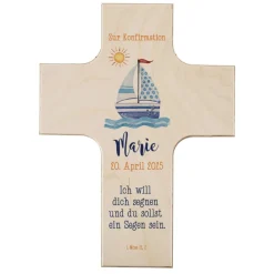 Holzkreuz mit Segelboot und Fischen - zur Taufe, Kommunion oder Konfirmation
