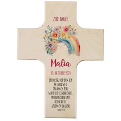 Holzkreuz - Regenbogen mit Blumen - zur Taufe, Kommunion oder Konfirmation