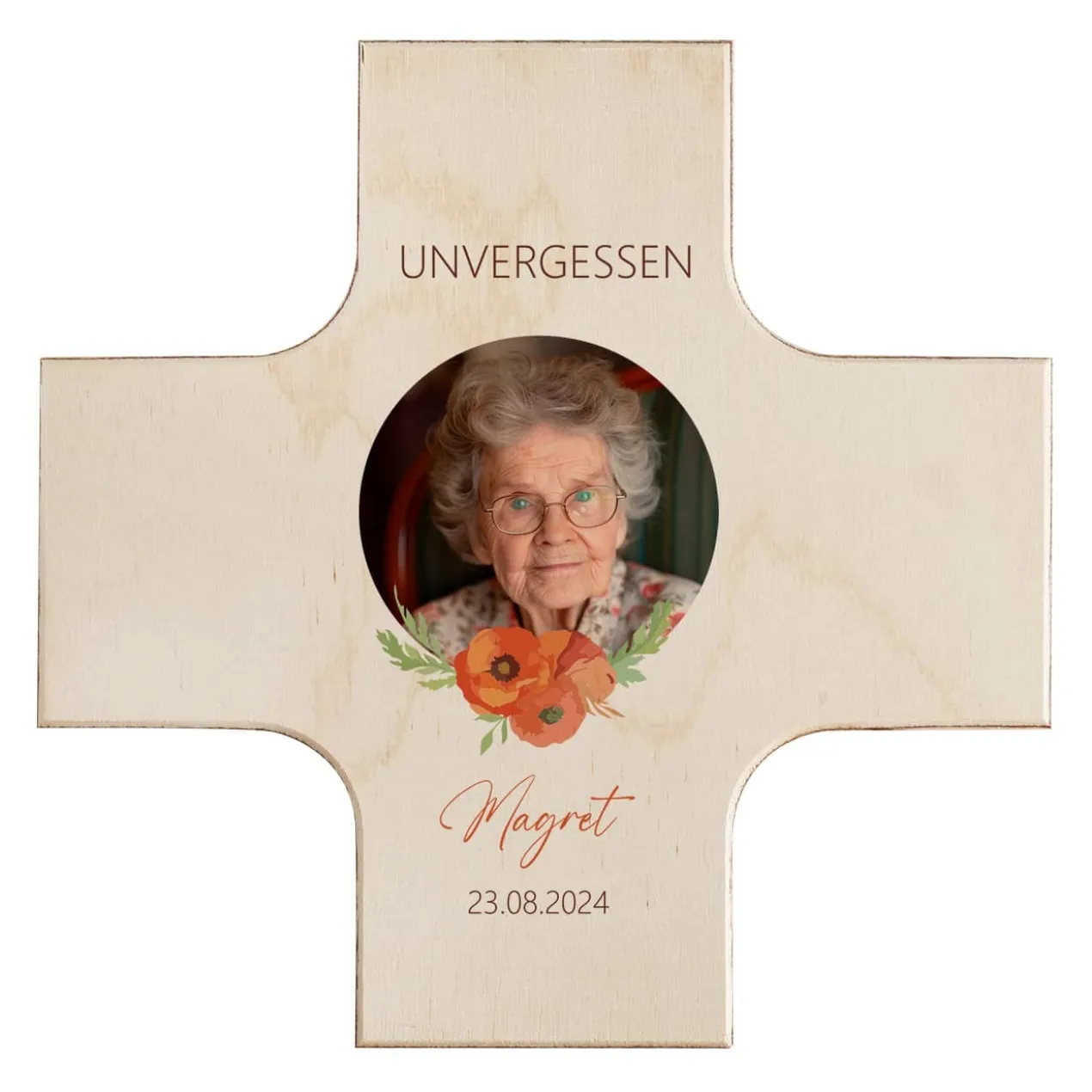 Holzkreuz Trauer mit Wunschfoto, Name und Datum