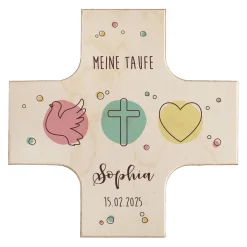 Holzkreuz zur Taufe, Kommunion oder Konfirmation mit Taube, Kreuz & Herz Motiv