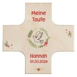 Holzkreuz zur Taufe oder Kommunion mit Namen, Datum und Anlass