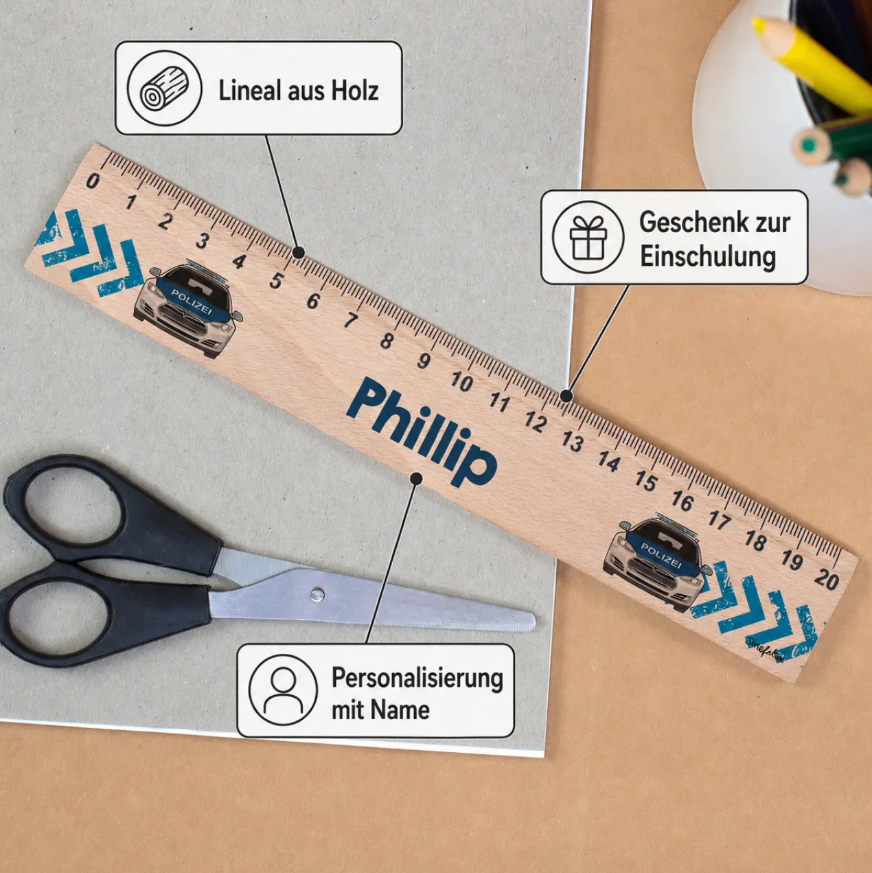 Holz Lineal für Jungen personalisiert mit Name | Polizei Motiv | 20 cm