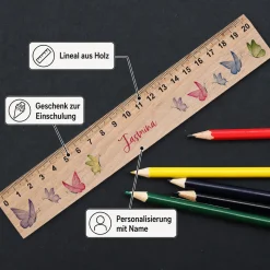 Holz Lineal für Mädchen personalisiert mit Name | Schmetterlinge Motiv | 20 cm