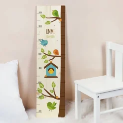 Holz-Messlatte mit Baum, Vögeln und Vogelhäuschen bedruckt