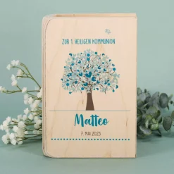 Holzspardose mit Lebensbaum zur Taufe, Kommunion und Konfirmation