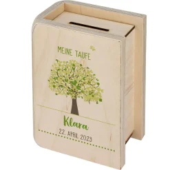 Holzspardose mit Lebensbaum zur Taufe, Kommunion und Konfirmation
