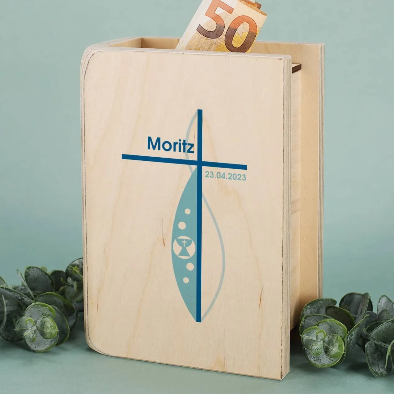 Holzspardose mit Name für Kommunion, Konfirmation oder Taufe