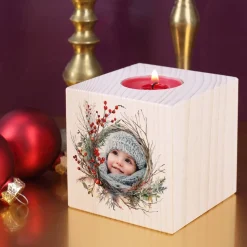 Holzteelichthalter mit Foto zu Weihnachten