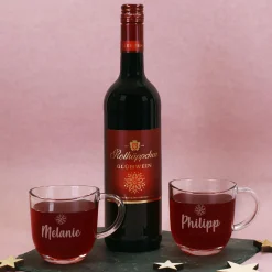 Hüttenzauber - Geschenkset mit Glühwein oder Glühpunsch, zwei Gläsern und Box