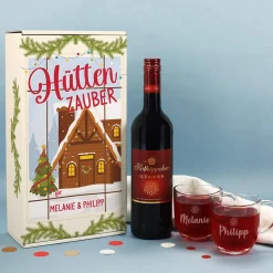 Hüttenzauber - Geschenkset mit Glühwein oder Glühpunsch, zwei Gläsern und Box
