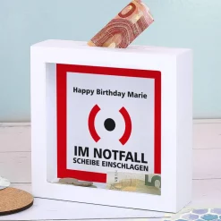 Im Notfall Scheibe einschlagen - Bilderrahmen Spardose für Geldgeschenke