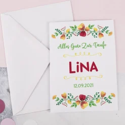 Individuell bedruckte Klappkarte zur Kommunion, Konfirmation oder Taufe mit hübschem Blumenkranz