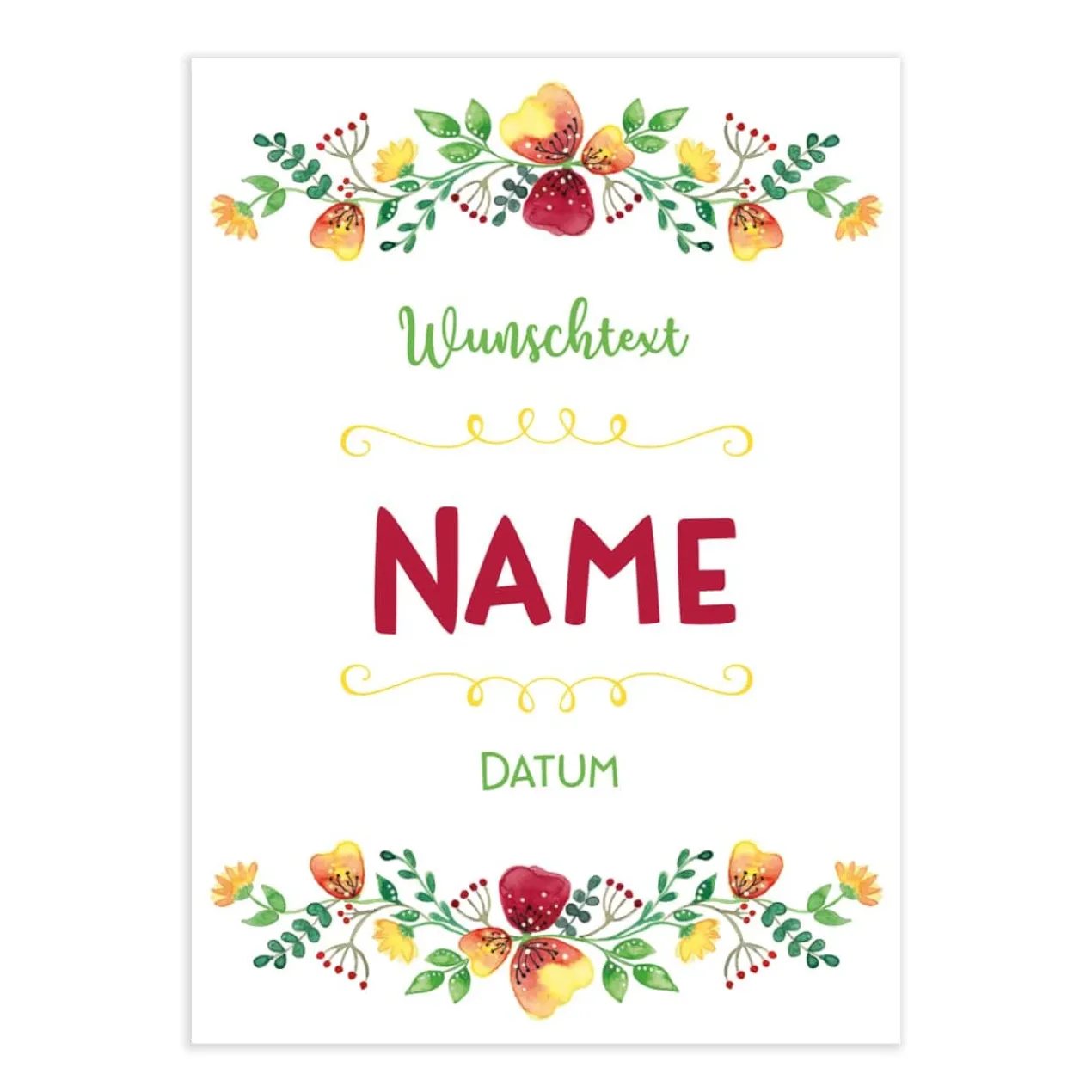 Individuell bedruckte Klappkarte zur Kommunion, Konfirmation oder Taufe mit hübschem Blumenkranz