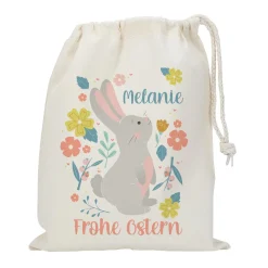 Individueller Osterbeutel mit niedlichem Hasen, Blumen & Wunschname