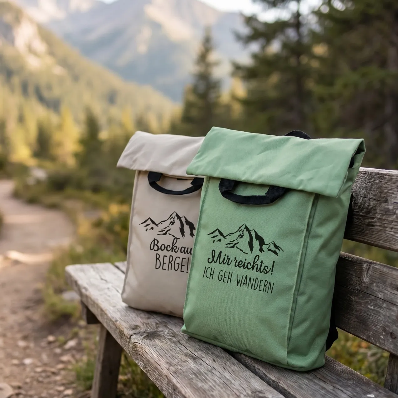 2-in-1 Rucksack & Tasche personalisiert mit Wunschtext | Geschenk mit Berg Motiv für Wandern & Urlaub