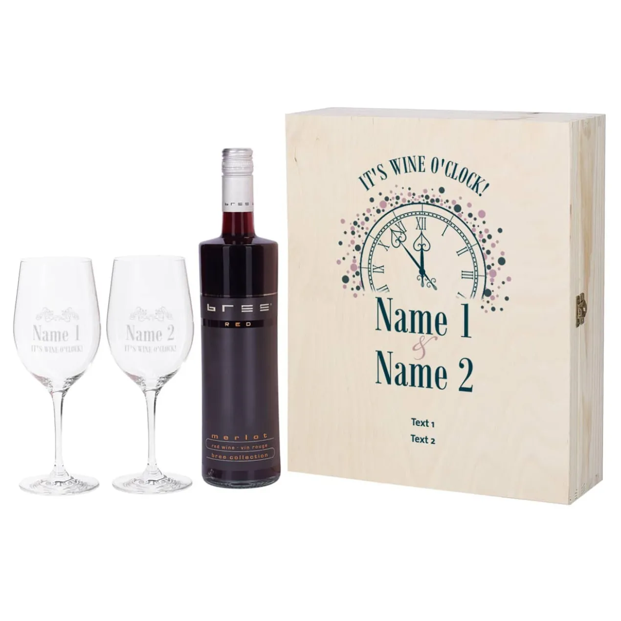 IT'S WINE O'CLOCK! Geschenkset - Weingläser und Flasche in persönlicher Holzbox